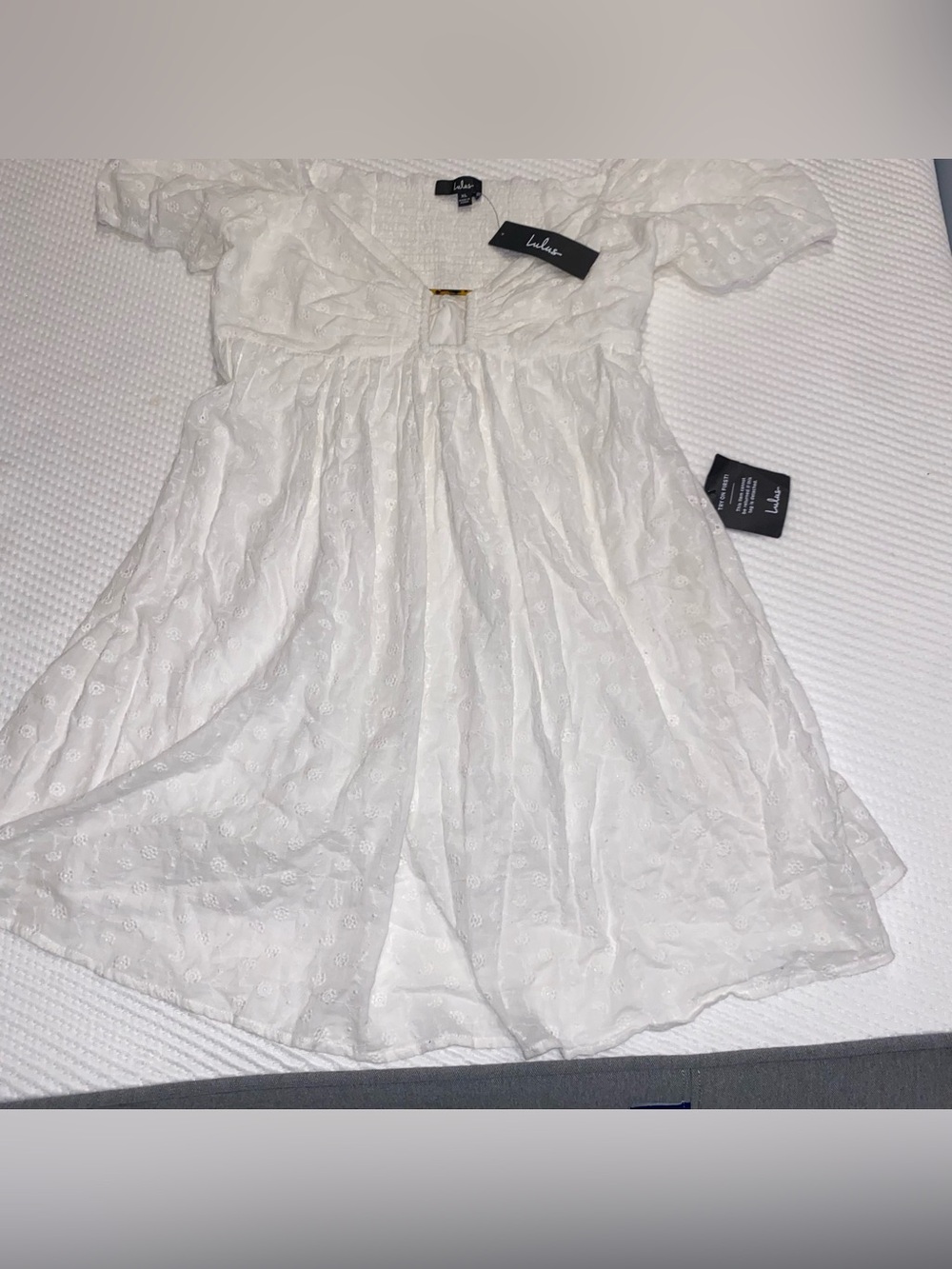 Lulu's White Eyelet Off-Shoulder Mini Dress
